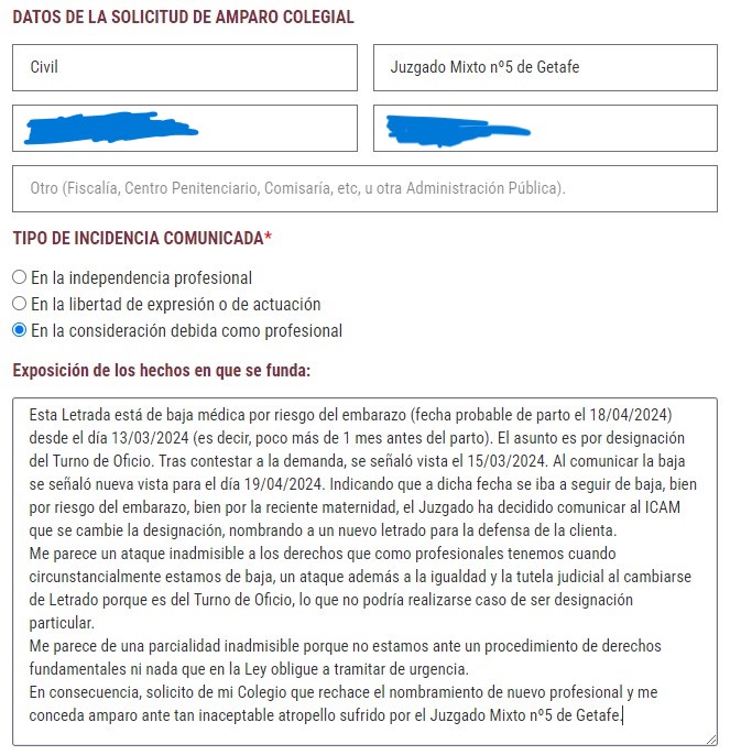 Hoy he pedido amparo al @icam_es porque un juzgado no quiere suspender un juicio pese a estar de baja por maternidad y, en su lugar, solicita al Colegio que designe un nuevo abogado/a para la defensa de la clienta.