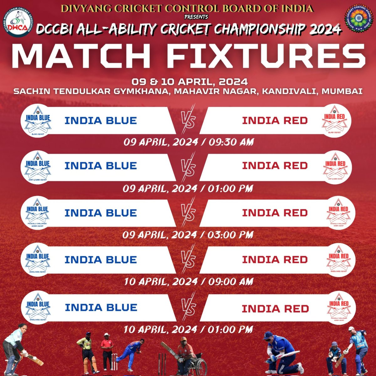 Get ready for #DCCBI #AllAbilitiesCricket Championship 2024 kicks off on April 9 & 10. Join us for thrilling matches of #BlindCricket, #PhysicallyChallengedCricket, #WheelchairCricket, #DeafCricket, and #PhysicallyChallenged #WomenCricket. #AllAbilitiesCricket #CricketForAll