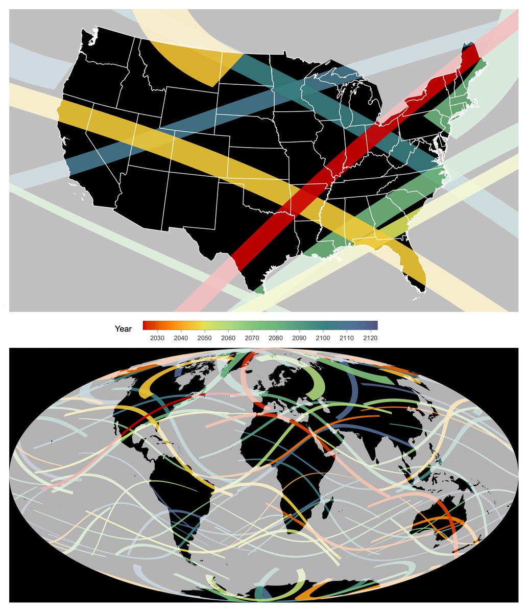 In case you missed today's eclipse, there are always more to come (at least for the next few hundred million years). Here's where the total eclipses will be for the next 100 years: writings.stephenwolfram.com/2024/03/comput…