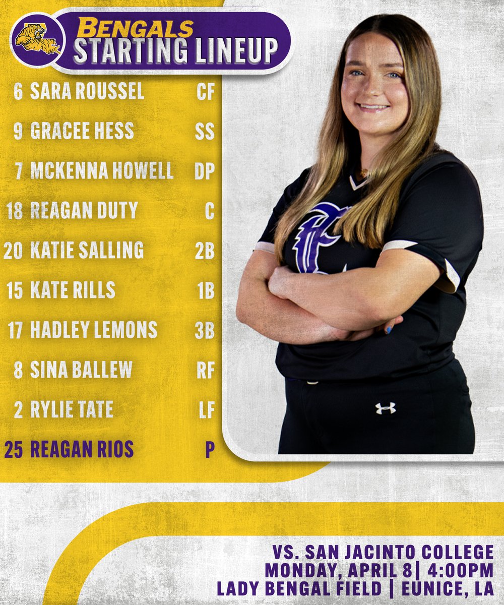 GAMEDAY! LSU Eunice welcomes San Jacinto to the Cajun Prairie to get the week started with an evening doubleheader. Here's our starting lineup for the 4:00PM first pitch, watch on the LSUE Digital Network. #DSRO #GeauxBengals lsuebengals.net/DigitalNetwork