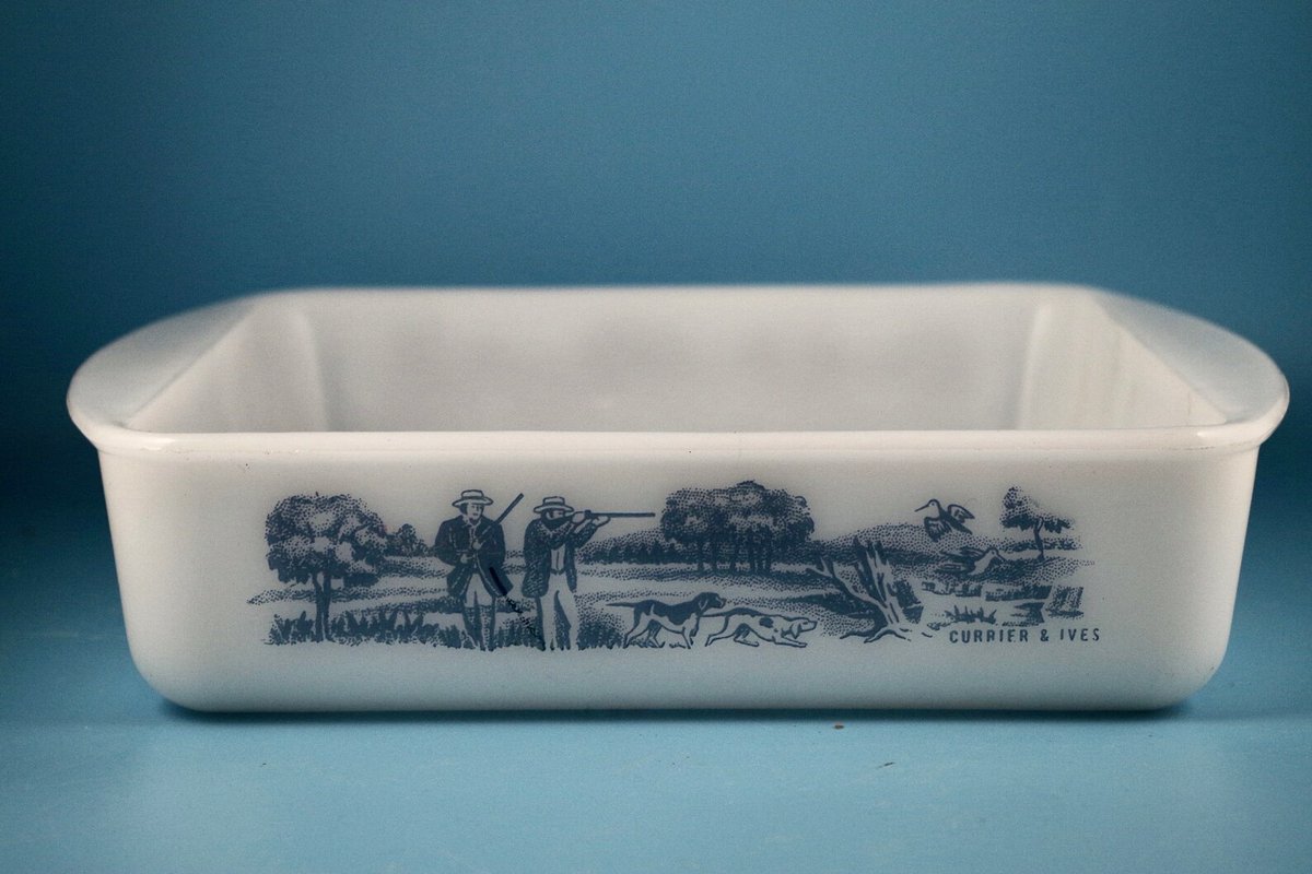 Glasbake square baking dish , featuring a Curriers and Ives Hunting scene ourtimewarp.etsy.com/https://ourtim… #etsy #etsyseller  #etsyshop #glasbake #bakingdish #currierandives  #milkglass