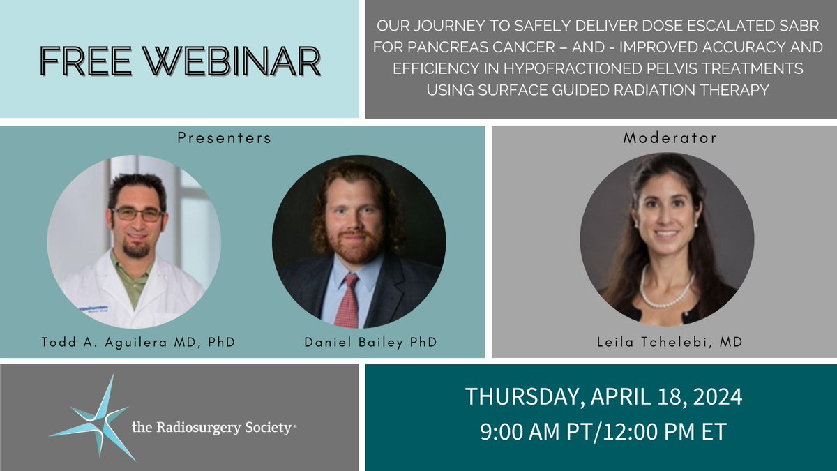 Join us 4/18 at noon ET for our next FREE #RSSwebinar 'Our Journey to Safely Deliver Dose Escalated SABR for Pancreas Cancer+Improved Accuracy & Efficiency in Hypofractioned Pelvis Treatments Using SGRT' therss.org/education/webi… Thanks to @VisionRTLtd for the unrestricted grant