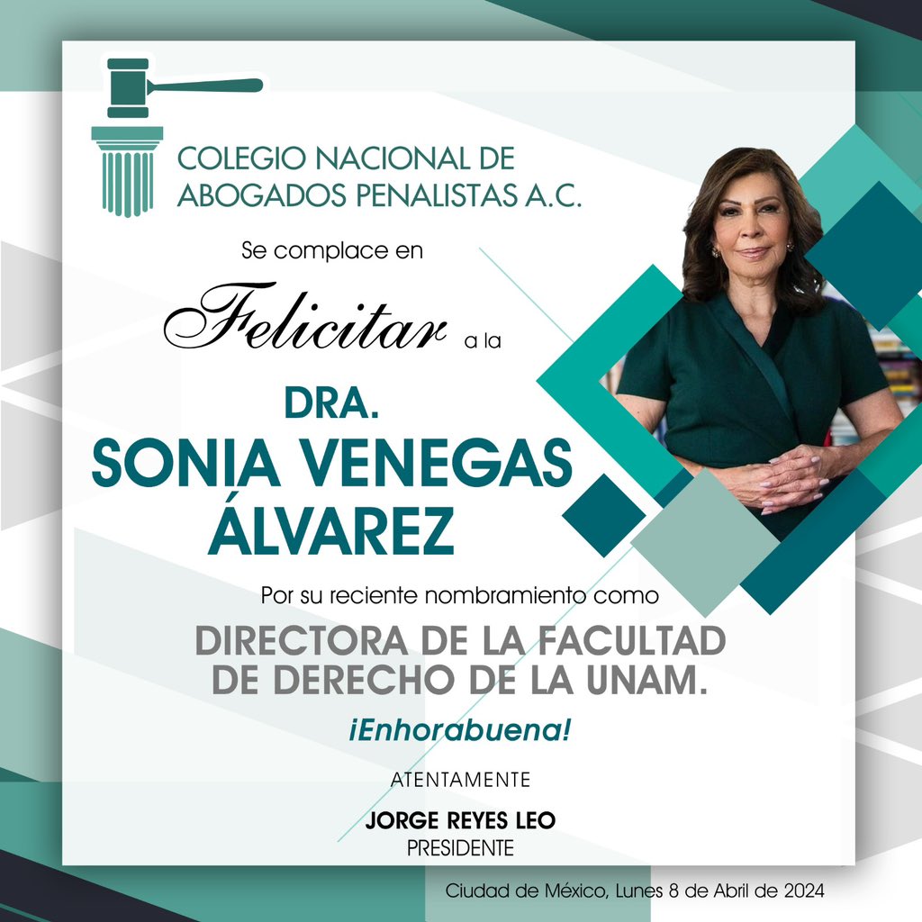El <a href="/CONAPMexico/">Colegio Nacional de Abogados Penalistas AC</a> felicita a la Dra. <a href="/sovnegas/">Sonia Venegas Álvarez</a> por su designación como Directora de la <a href="/DerechoUNAMmx/">Facultad de Derecho</a>