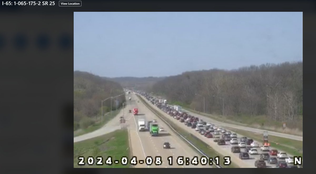 Are you ready? #solareclipse traffic nightmare part 2! This is what is headed towards Northwest Indiana. This is the current view of I-65 northbound traffic just south of Lafayette. Looks an awful lot like what southbound looked like this morning, only WORSE! @WBBM1059Traffic…