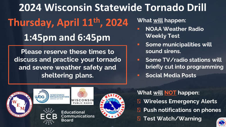 It's Wisconsin Tornado & Severe Weather Awareness Week! Be part of the statewide Tornado Drill this Thursday, and prepare yourself for what to do in the event of a tornado or other severe weather. Tips from @ReadyWisconsin: readywisconsin.wi.gov/be-informed/to….