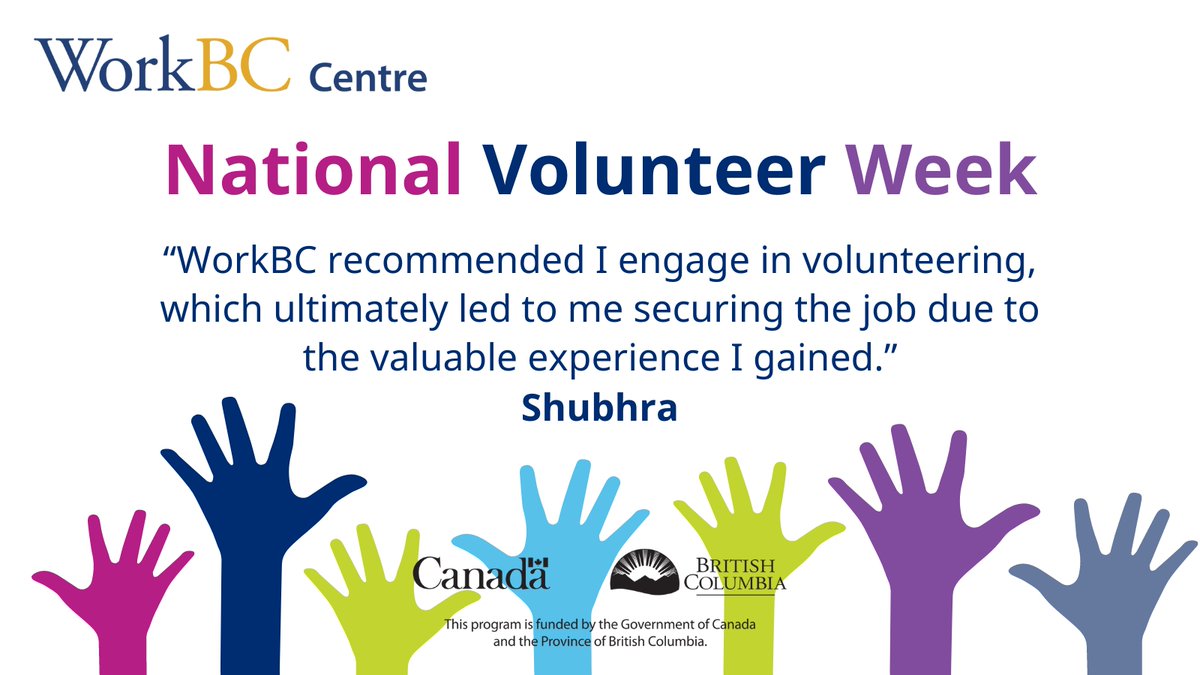 Volunteer work is a valuable career development tool. It can help you gain work experience, make connections, demonstrate your skills, and get noticed. Volunteer work can sometimes lead to paid employment. If you have questions, we’re here to help!

#WorkBC #NVW2024