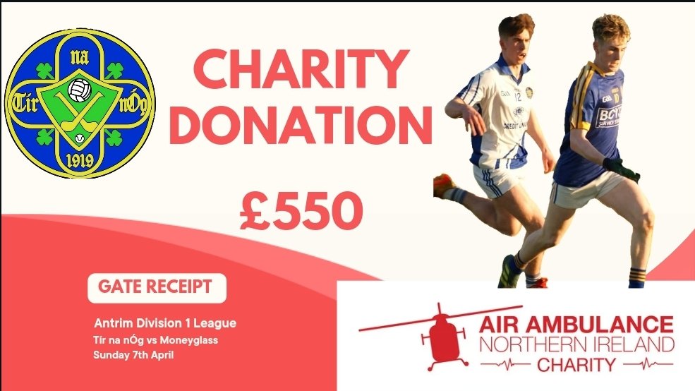 Ahead of Sunday's Division 1 league game with Moneyglass, the committee decided that the gate receipt of the game would be donated to the NI Ambulance Charity in memory of Moneyglass Senior Footballer Jack McCoy who sadly passed away. @MoneyglassGAC @AirAmbulanceNI