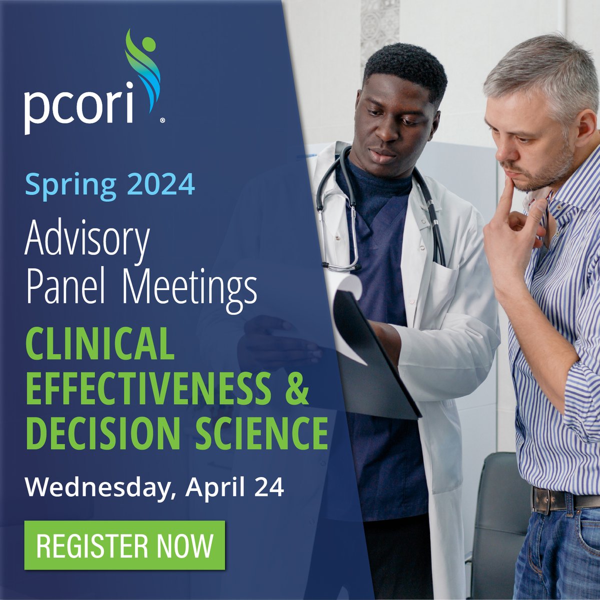 Save the date 📅 PCORI's Advisory Panel on Clinical Effectiveness and Decision Science will meet on April 24 to discuss various topics and hold a joint session with the PCORI Advisory Panel on Rare Disease. Register today: pcori.me/4atMM6w #clinicalresearch