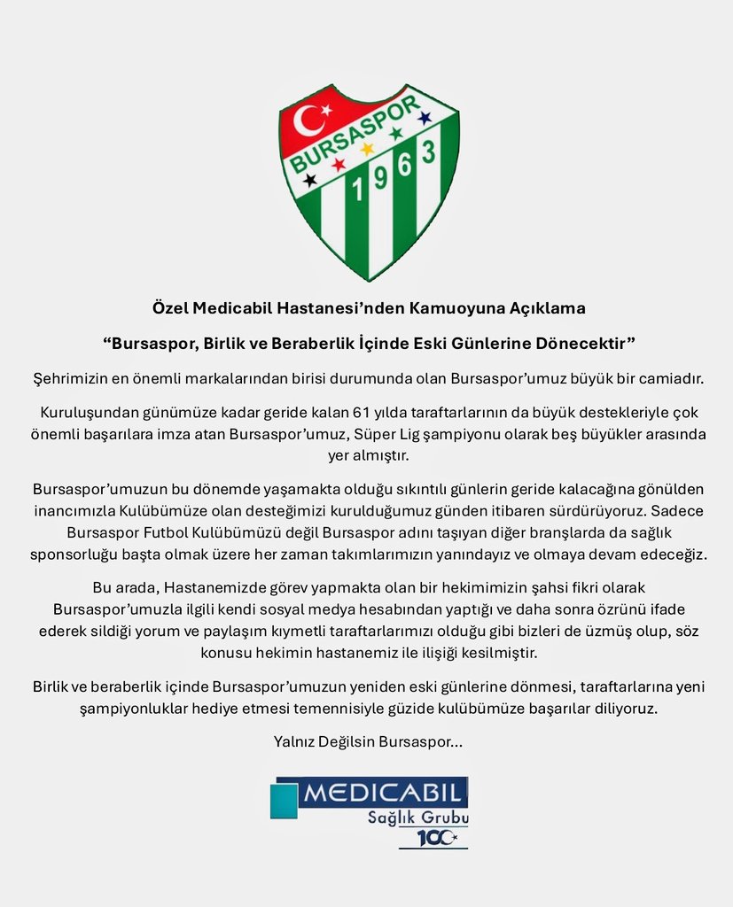 Kamuoyuna Açıklama @BursasporSk Medicabil Sağlık Grubu @medicabil