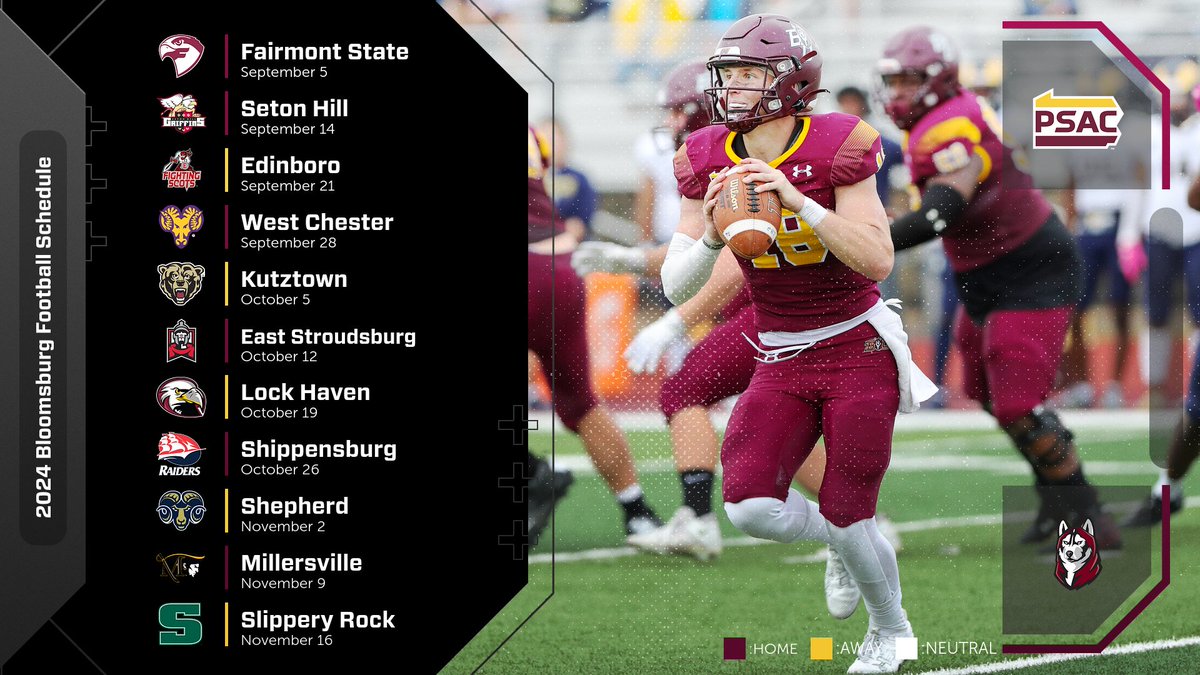 .@BloomuFootball Announces 2024 schedule. The Huskies will host SIX home games at Redman Stadium and open the season Thursday, September 5 against Fairmont State! 

FULL STORY: tinyurl.com/3wynpk34

#Unleashed #RunAsOne