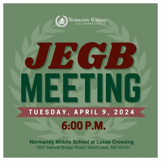 The Joint Executive Governing Board will meet at 6 p.m. on Tuesday, April 9, at Normandy Middle School. The proceedings will be live-streamed on our Facebook page and YouTube channels. Visit normandysc.org/about-nsc/jegb… to learn how to complete a speaker card.