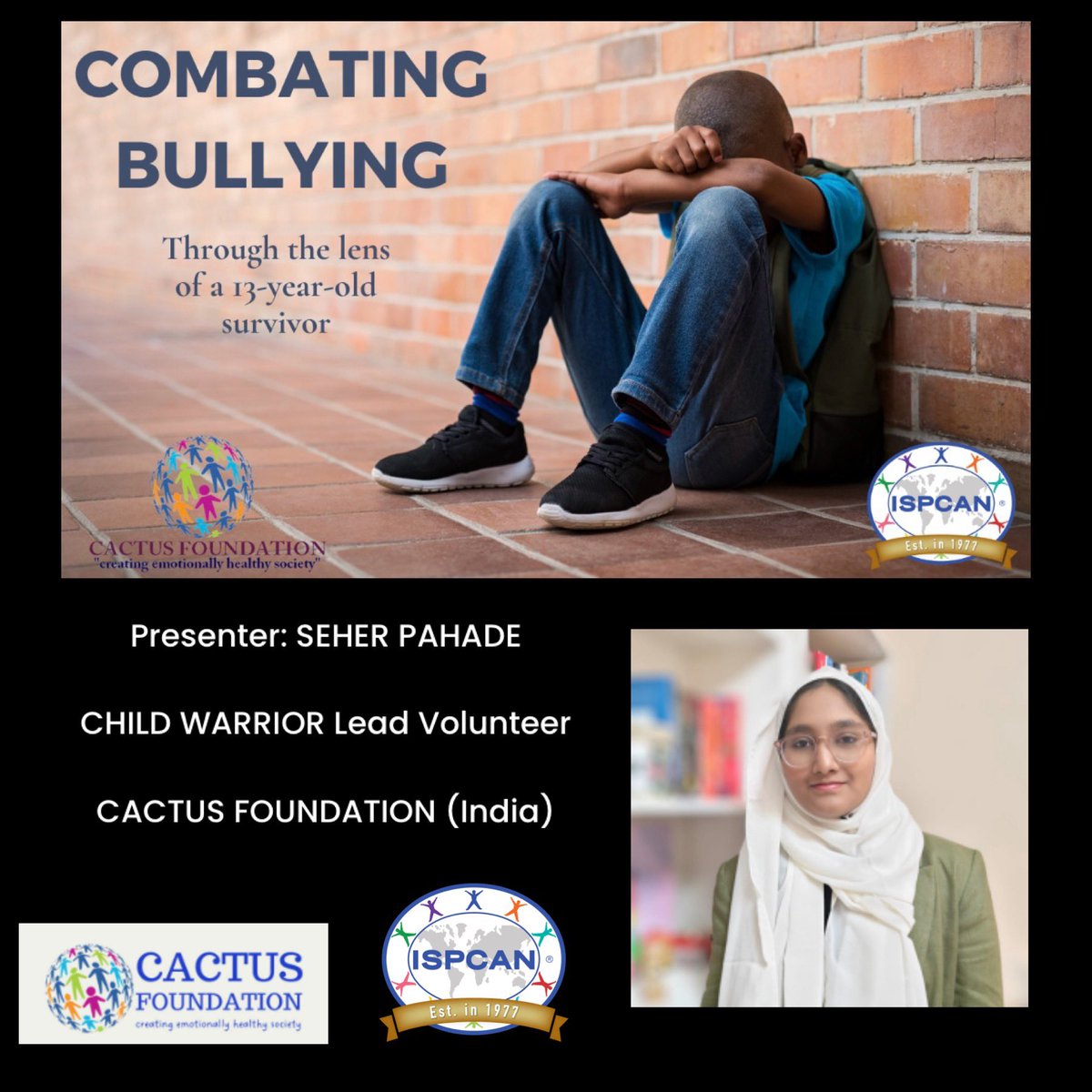 ISPCAN Webinar - Next week - April 17, 10:00am - 11:30am EDT. Please join us as we engage the voice of youth by understanding methods, strategies, and interventions to prevent all forms of bullying authored and presented by a young survivor. Learn ways to create a safe physical,