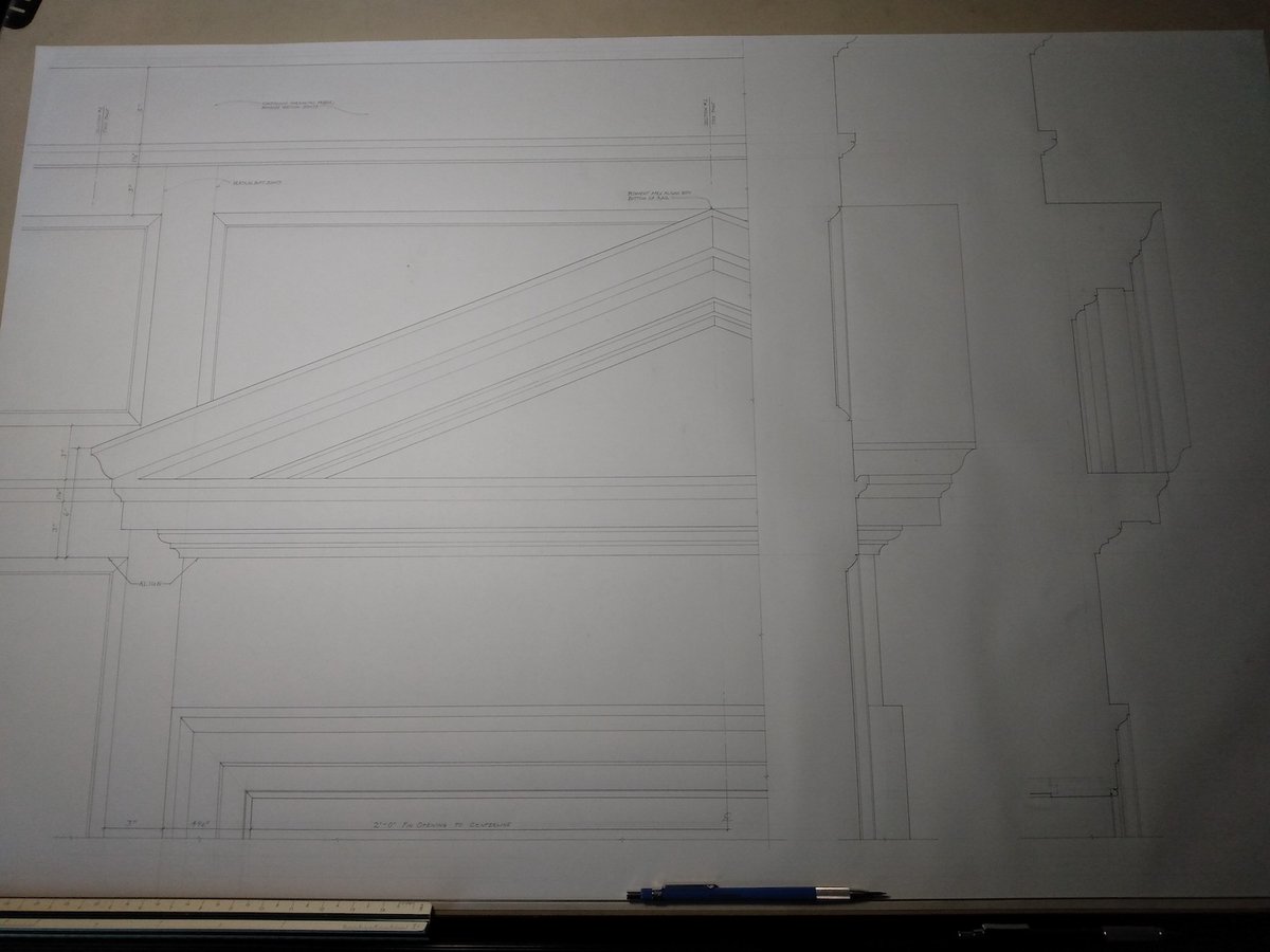 Detail drawing for panelling and pedimented overdoor.