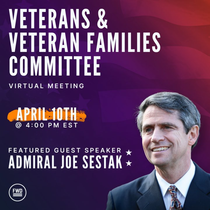 Join us on April 10th! Admiral Joe Sestak will be the featured speaker at our upcoming General Meeting for the Veterans & Veteran Families Committee. 🇺🇸 Save the date and join us by signing up at home.forwardparty.com/veterans_commi…