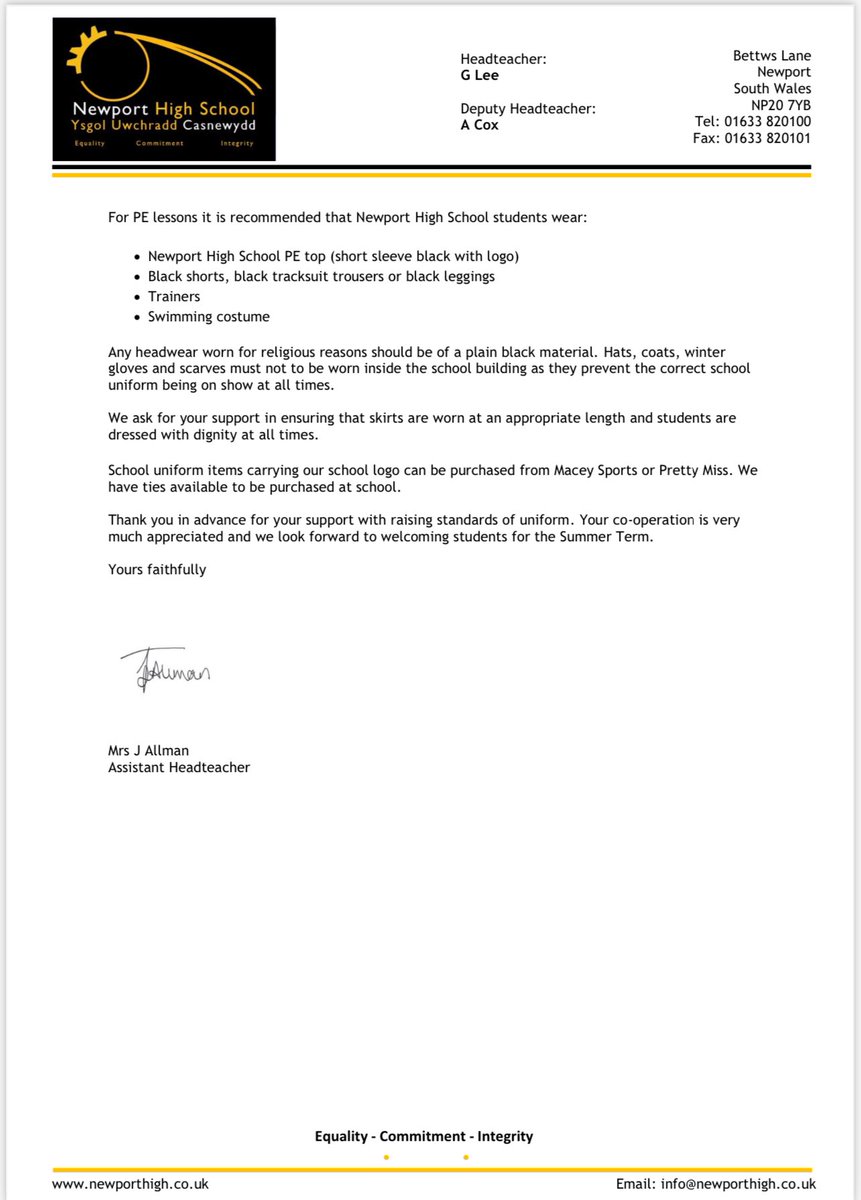 Following consultation with students, staff, parents and governors, the Summer Term will see additions and slight amendments to our uniform guidance. Please see attached letter below. #NewportHighSchool