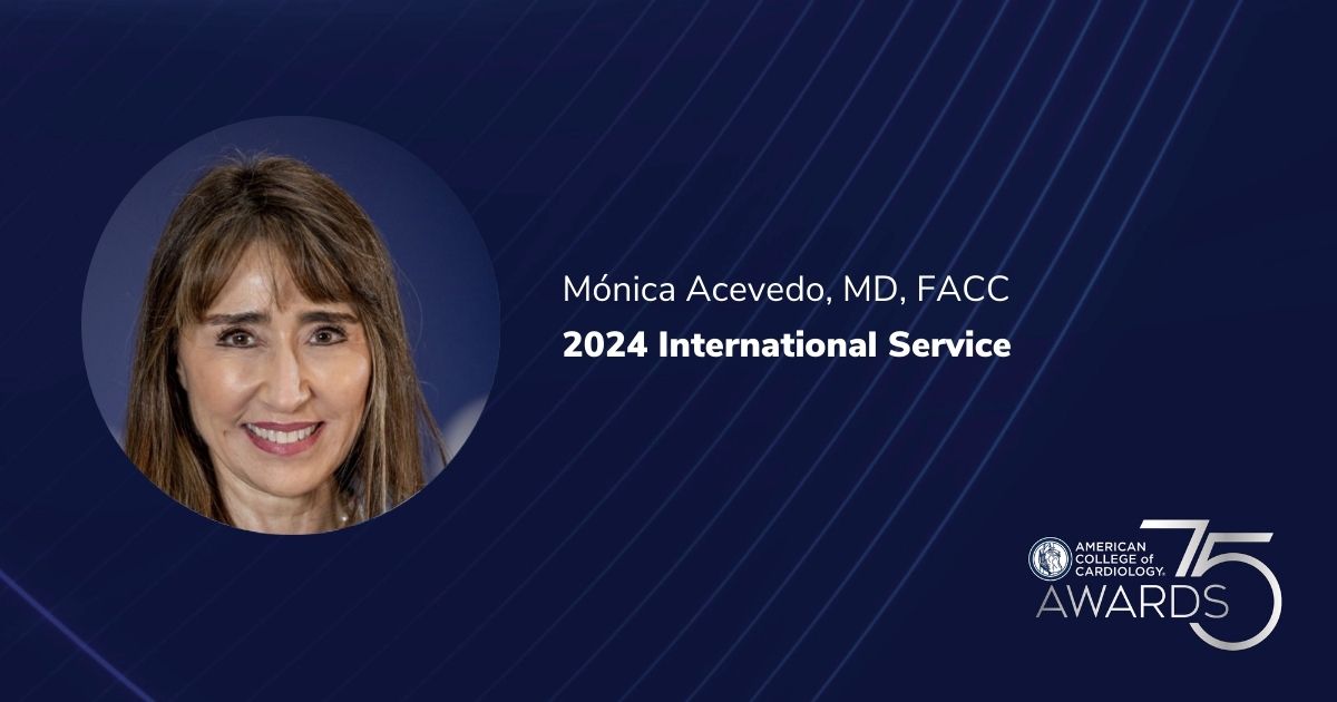 We are proud to recognize Dr. Monica Acevedo with this year’s International Service Award, as an exemplary model of global collaboration. Her dedication to mentoring the next generation of health care professionals is impacting CV care worldwide. #ACC24