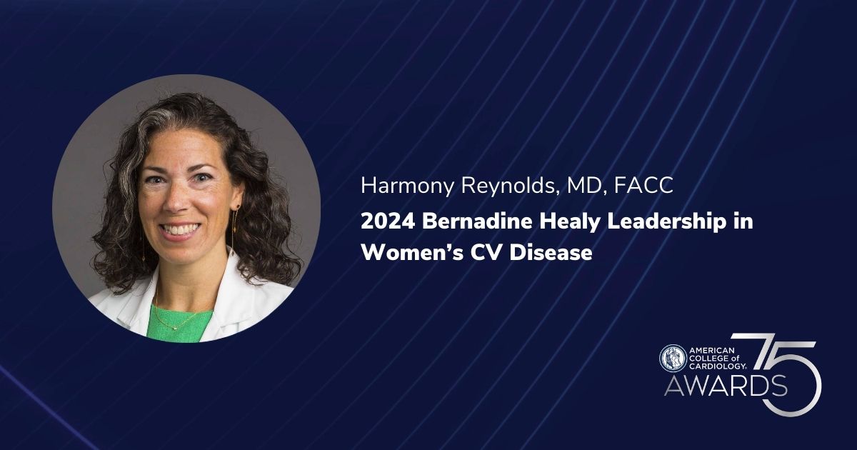 The Bernadine Healy Leadership in Women’s CVD Award is presented each year to someone demonstrating leadership in the field of cardiovascular disease in women. This year’s award goes to Dr. Harmony Reynolds. #ACC24