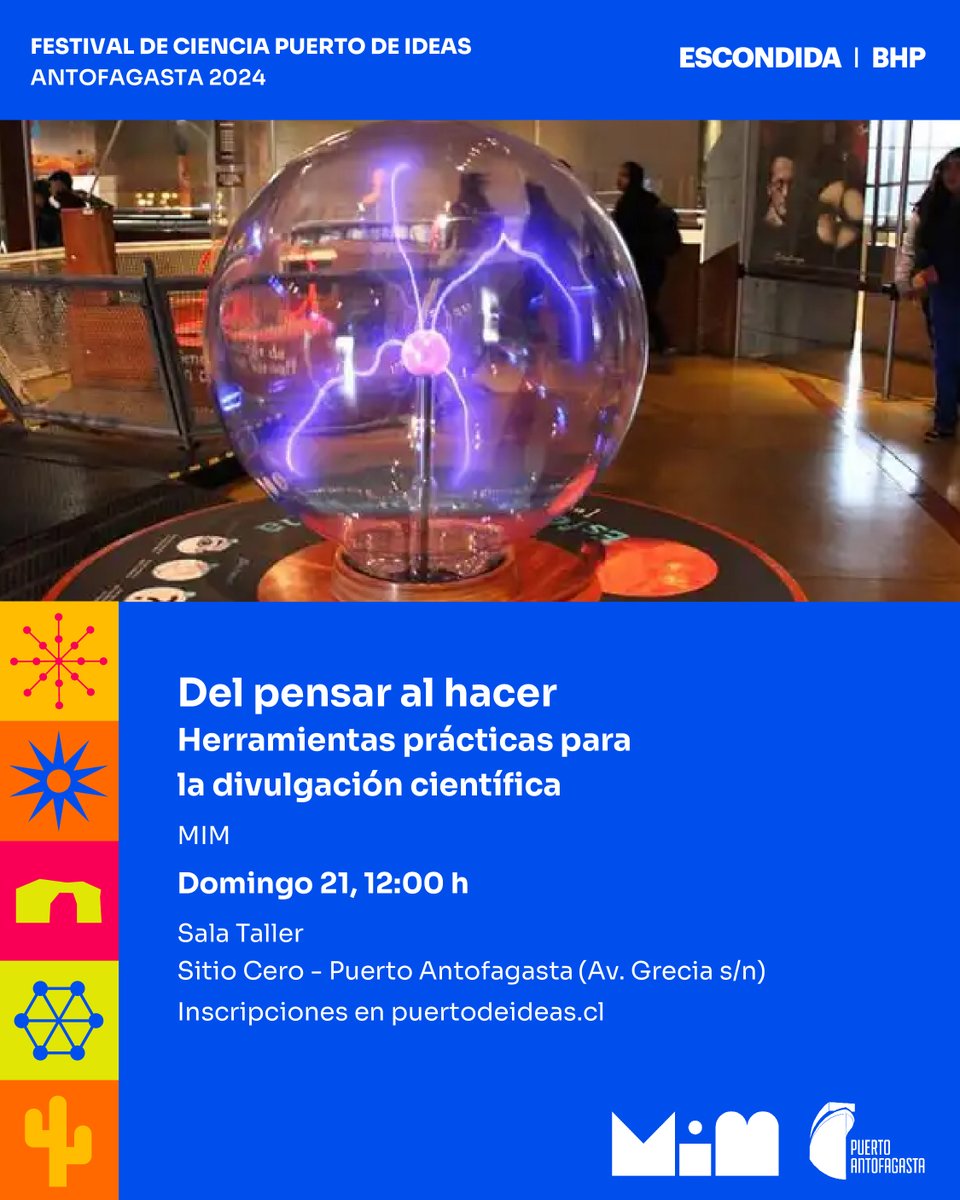 puertodeideas's tweet photo. ¡Se parte de los increíbles talleres que se realizaran en #PuertodeIdeasAntofa2024 💡!

Instituciones líderes en investigación y divulgación científica como @ALMAObs_esp y @MIM_museo  impartirán interesantes talleres para todo público 🗣

Más detalles 👉 https://t.co/CYw2GaDolt https://t.co/qRQ8cLuON1