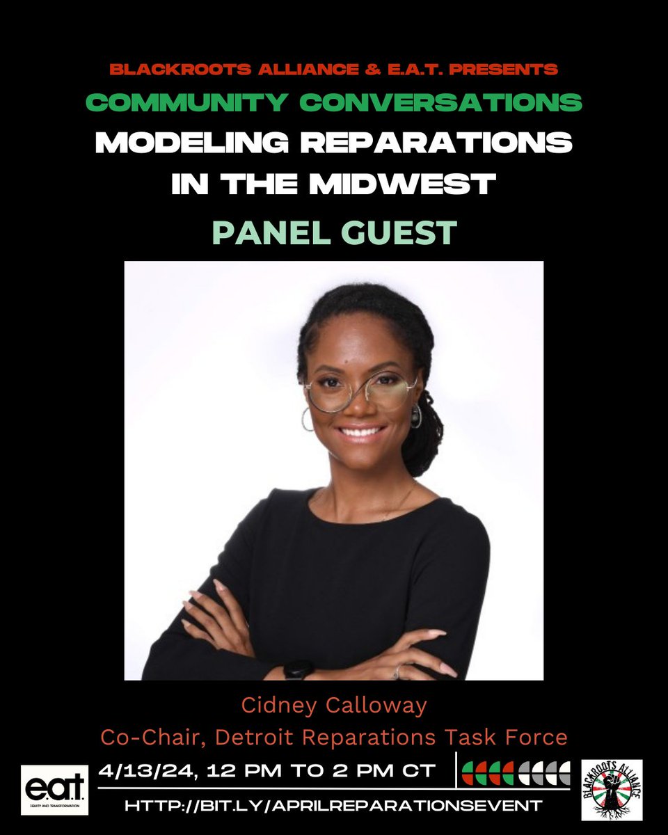 "Anything that the City had its hand in, that caused destruction &amp; was detrimental to our communities, that's what we're going after," said Cidney Calloway, Co-chair for the Detroit Reparations Task Force. Join us &amp; <a href="/EatOrgChicago/">Equity and Transformation</a> on 4/13 for our event.
blackrootsalliance.org/community_conv…
