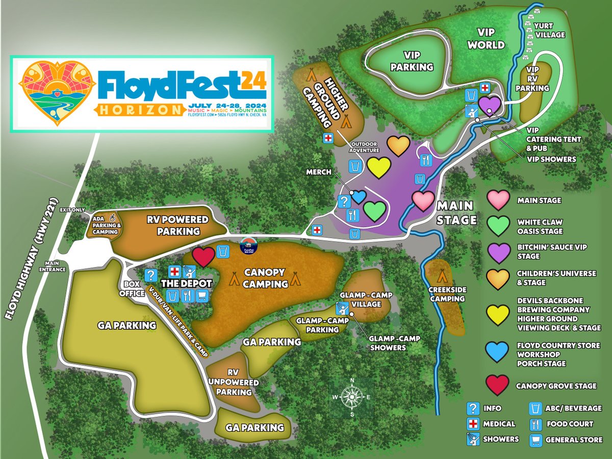 🌘 Eclipse excitement doesn’t have to end: Switch your focus to the #Horizon with an updated Site Map for FloydFest 24~Horizon! Lots of map updates to review as we prep to welcome the #FloydFestFamily to their new home, #FestivalPark, in 107 days. 👉 floydfest.com/site-map/