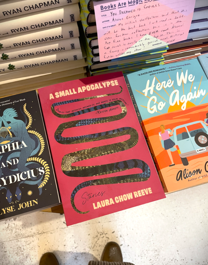 Spotted in the wild! @laurachowfun's A Small Apocalypse is in good company on the table at @booksaremagicbk. Stop by and take a look. Support your local indie bookstore! spr.ly/6014wkRKy