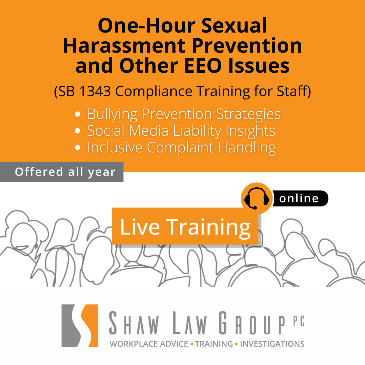 Equip your staff with the knowledge and tools to effectively address workplace respect, discrimination, and harassment.

2024 Training Dates shawlawgroup.com/training/

#EEOtraining #WorkplaceRespect #SB1343Compliance #HarassmentPrevention #EqualityInWorkplace