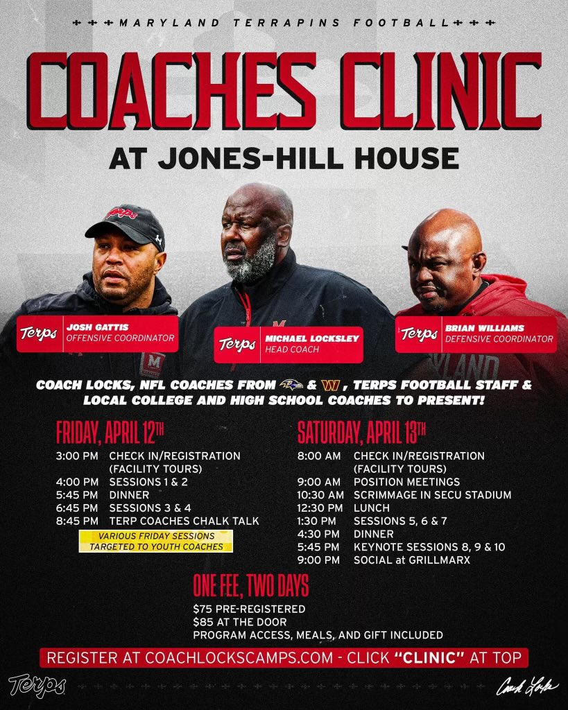 Calling all Coaches in the DMV! Come check out a great slate of Coaches from HS, College, and NFL speak this Friday-Saturday at The Univ of Maryland Coaches Clinic! #TBIA