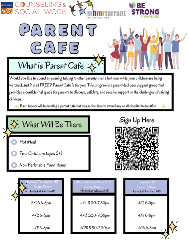 Our next Parent Cafe Thursday, April 11th and third one will be Tuesday, April 16th. Both will be at Hedrick Middle School from 6-8pm.