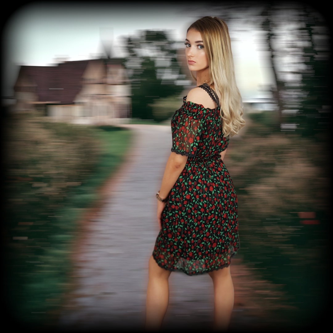 Fashion echoes nature's hues, amidst an eerie path of green with a touch of mystique, a floral dress captures the scene's spirit. But truly it's her haunting gaze, stern and mysterious, that truly captivates #fashion #haunted <a href="/drip_haus/">DRiP 💧</a> #NFT #fashionisart