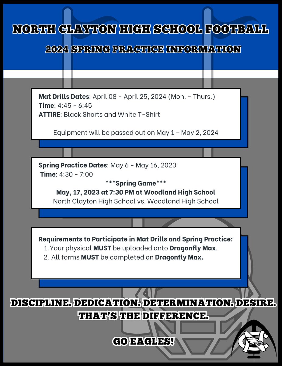 Mat Drills begin April 8- April 25.
Before you are able to participate:
An up-to-date physical MUST uploaded onto Dragonfly Max.
All required forms MUST be completed on Dragonfly Max.
🦅🏈💙 #4Ds #Kingdom #FlyHigh #NCHSFB #EagleFootball #ClaytonCounty