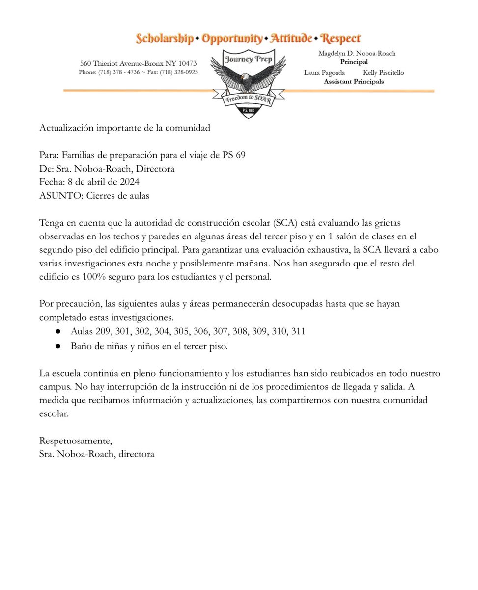 Attn. families! Please read the important notice about classroom closures. The School Construction Authority is currently evaluating observed cracks in ceilings &amp; walls in some areas of the 3rd floor in one classroom. The rest of the building is 100% safe for students and staff.