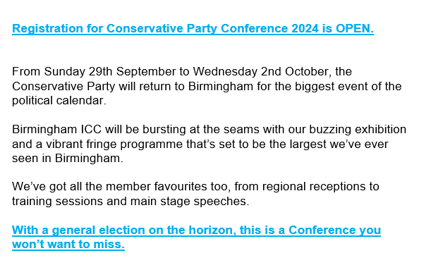 Email sent out to Conservative members today. Conservative conference is supposedly going ahead. This must make an election in November an almost dead certainty? There's no way conference can coincide with the official campaign period of 6 weeks. #GeneralElection #Tories