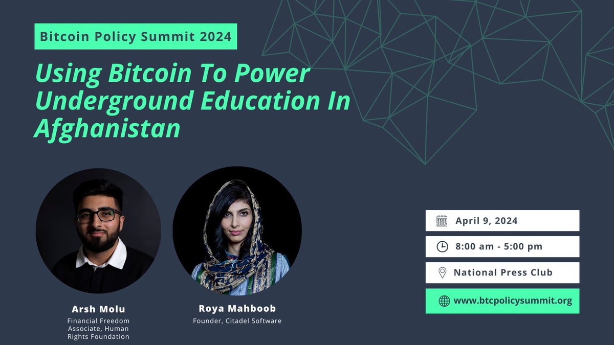 Bitcoin Policy Summit Fireside Announcement: @HRF's @arshmolu will interview @RoyaMahboob about using Bitcoin to power underground education in Afghanistan. If you're not with us in D.C. tomorrow, be sure to tune in to @BitcoinMagazine's event live stream!