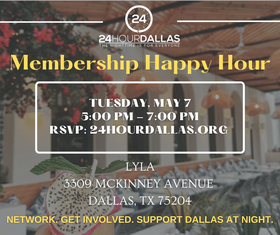 We are super excited to announce we'll be hosting a 24HourDallas networking happy hour! On May 7th, join us at Lyla from 5-7 PM. Attend to meet the board and members, discuss our goals for the year, and learn how to join if your not already! 🔗 RSVP Link: bit.ly/3VAxU1C