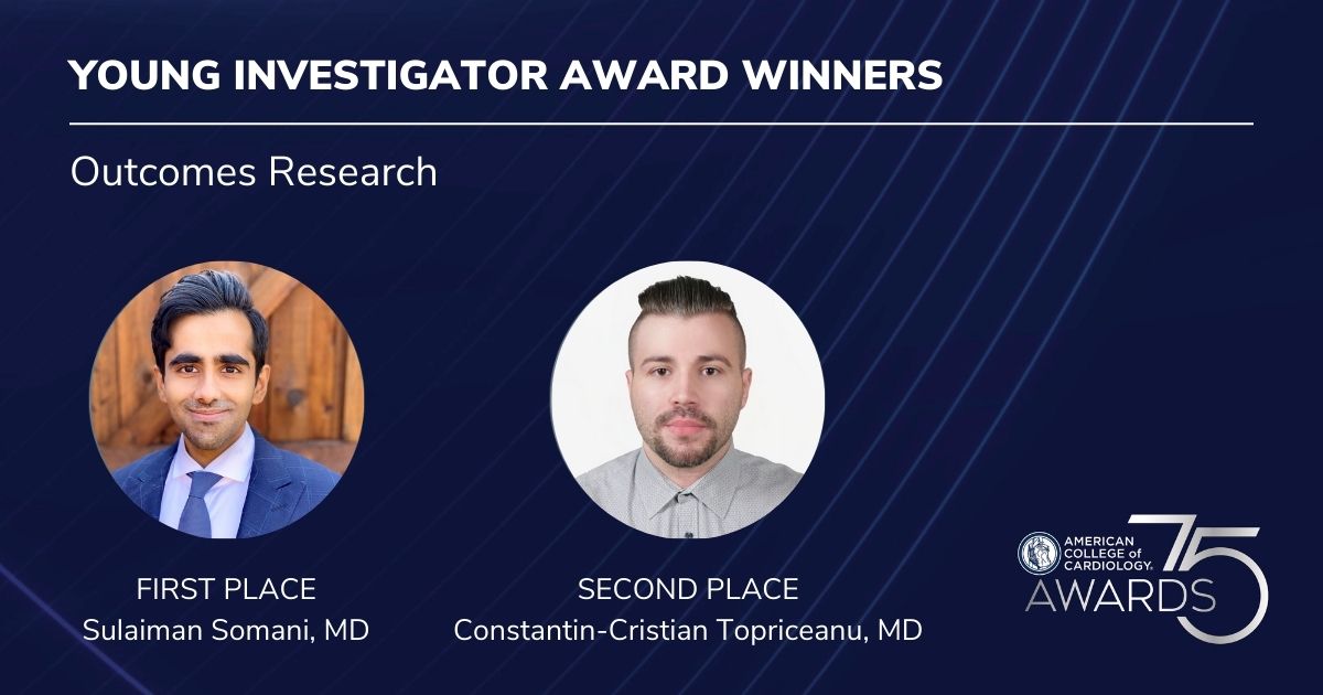 Congratulations to the winners of the Young Investigator Award in Outcomes Research category! First Place: Sulaiman Somani, MD Second Place: Constantin-Cristian Topriceanu, MD #ACC24 #TheFaceOfCardiology