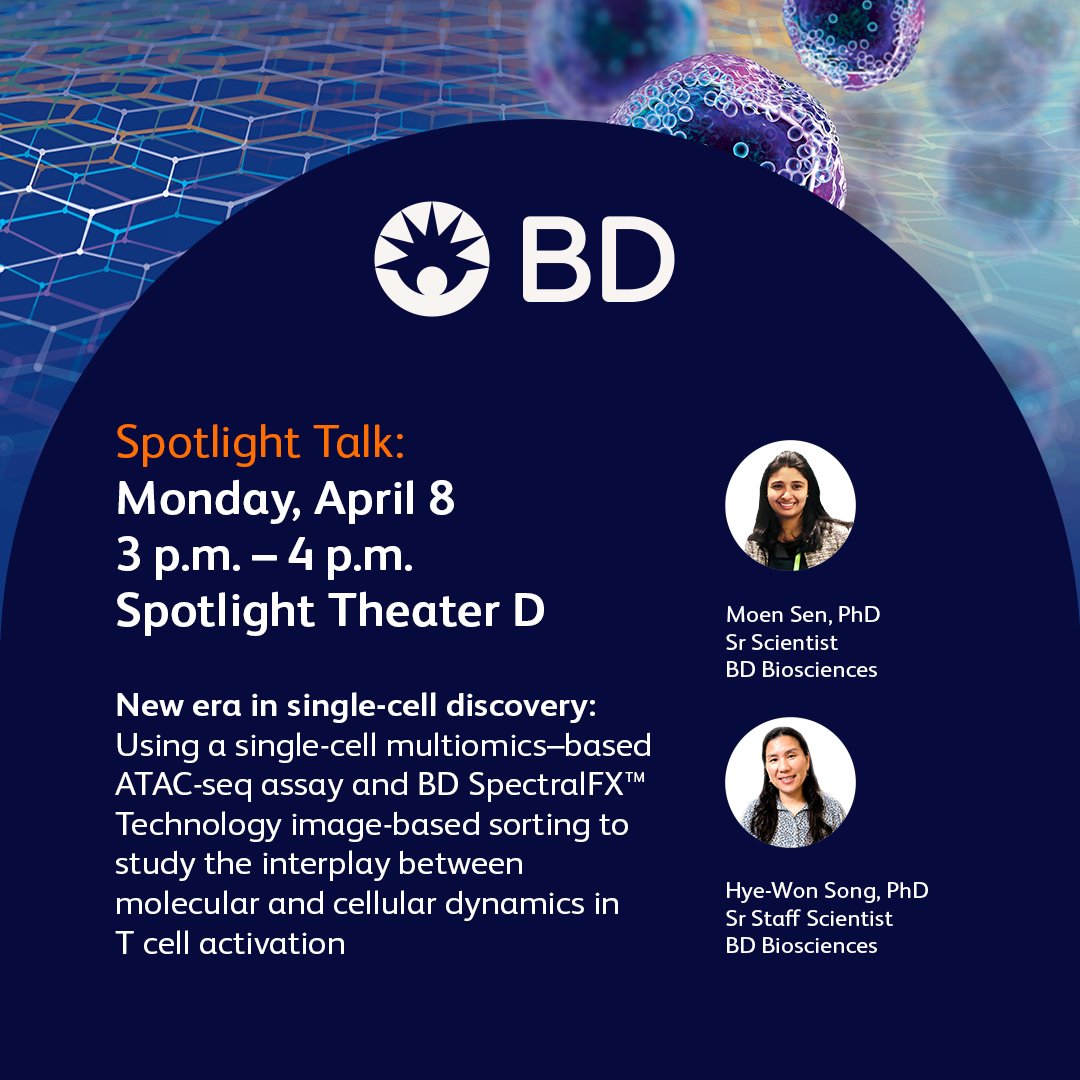 BDBiosciences's tweet photo. Our Spotlight Talk starts in an hour. If you’re at #AACR2024, join us in Theater D at 3:00 p.m. Learn how single-cell multiomics with multimodal profiling can unleash new insights about underlying immune responses.
#singlecellmultiomics #BDBiosciences #FACSDiscoverS8 #rtisfc https://t.co/BhIfXcXRuZ