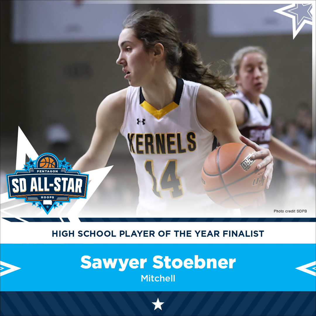 First nominee for ⭐ SD-All Star ⭐ girls player of the year: @sawyerstoebner, 5-foot-9 forward with @KernelsGBB. She lead her team through a successful season & received this year's Class AA girls Spirit of Su Award. She'll play college ball with @BHSUWBB. #SanfordSports