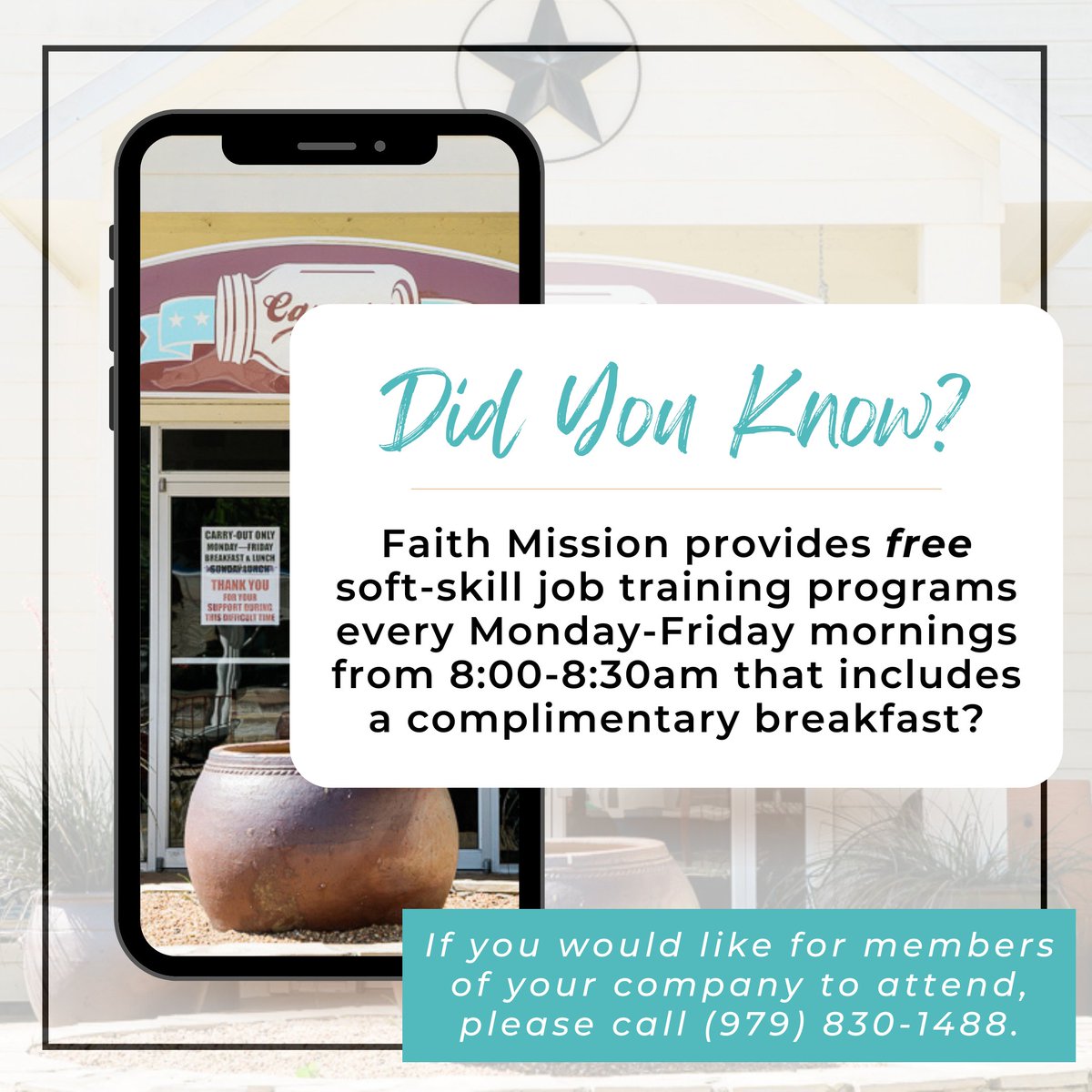 🌟 Did you know? Faith Mission and Help Center, Inc. offers free soft-skill job training programs every weekday morning from 8:00-8:30 am, complete with a complimentary breakfast. To schedule attendance for your company members, call (979) 830-1488 today!