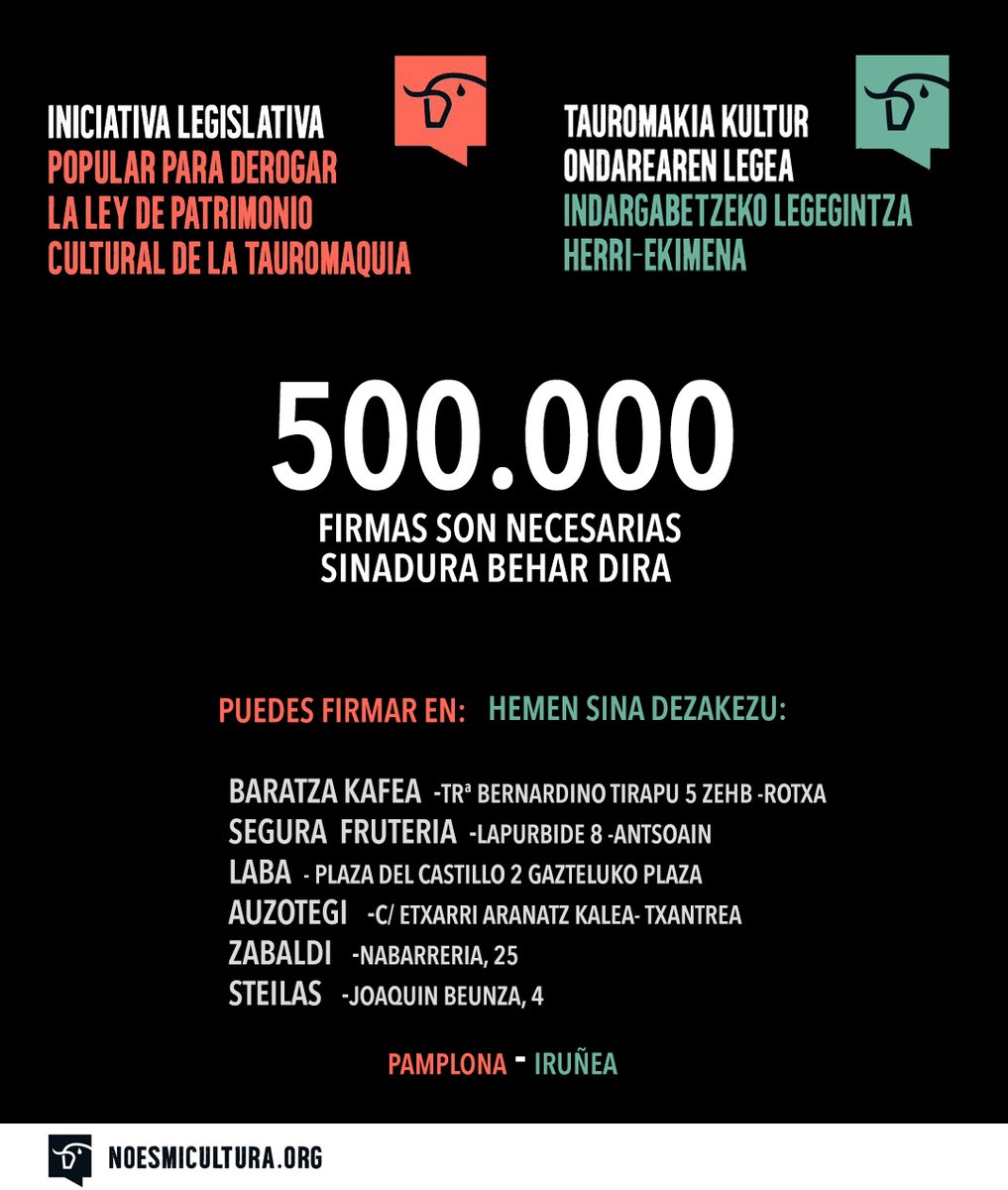 Seguimos añadiendo sitios fijos para firmar, aquí va el listado.  Es el momento, hay que acabar con las corridas de toros.
Sinatzeko leku finkoak zehazten jarraitzen dugu, hemen dago zerrenda oraingoz.
Unea da, zezenketekin amaitu behar da.
#ZezenketarikEZ
@NoEsMiCultura