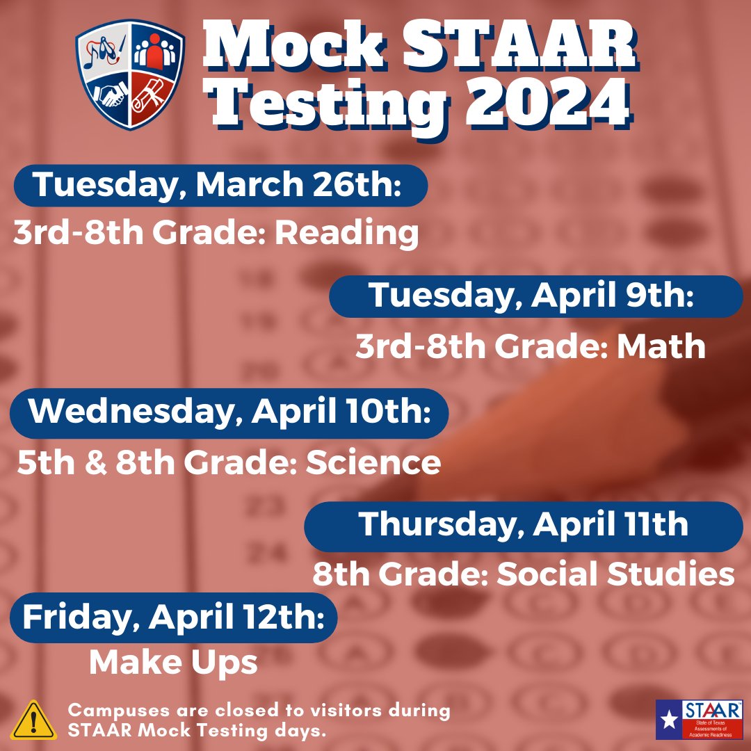 Be sure to get a good night's rest! 😴 Mock STAAR Testing resumes tomorrow for 3rd-8th grade scholars. Remember, campuses are closed to visitors, and early checkout is prohibited during STAAR Mock Testing days. 

#RSPA #TestingSeason #STAARTesting #WeAreCREW