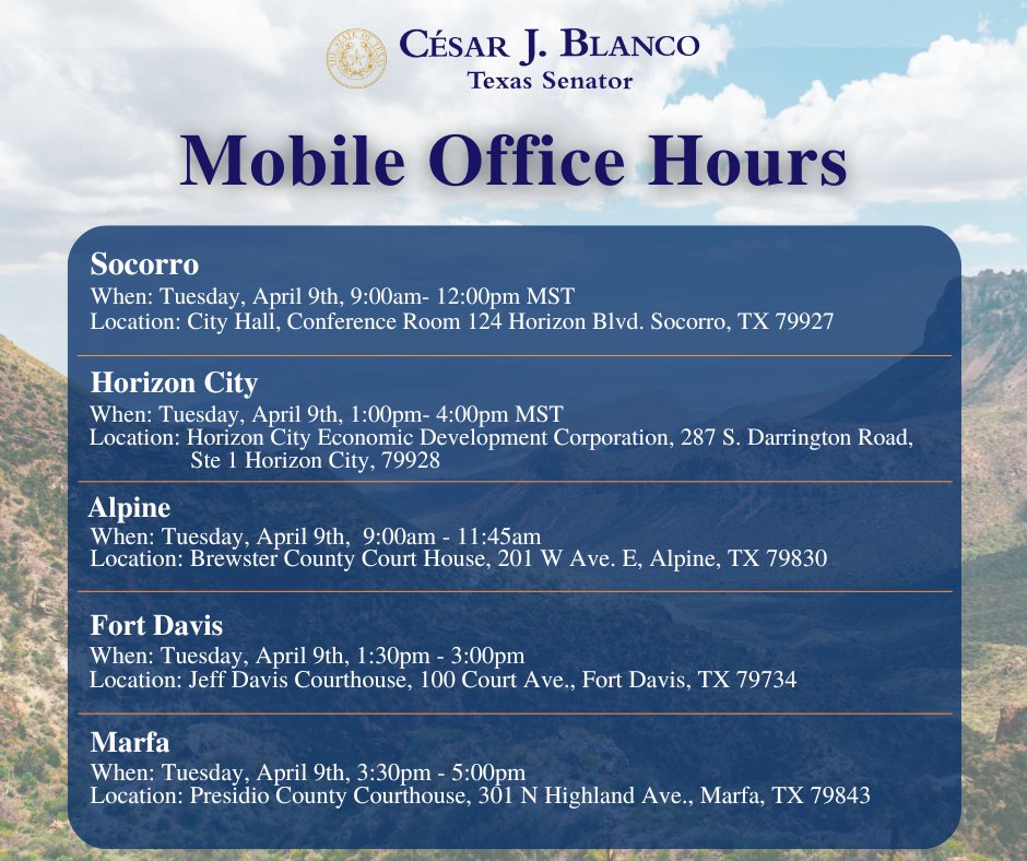 Tomorrow, our offices will be headed to #Socorro, #Horizon, #Alpine, #FortDavis, & #Marfa. Take advantage and visit us if you need assistance with a state agency or want to learn about the constituent services we offer! We’re here to help you. All times and locations are listed!…