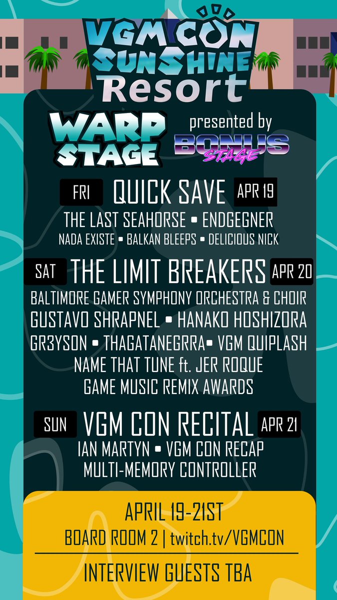 HOLY CRAP that is a LINEUP eh?🤯 VGM CON 2024: Sunshine Resort🏖️ is going to be PACKED🧳 and STACKED📈 Here are all of this year's performers👩‍🎤 both in-person at VGM CON 2024 as well as on Warp Stage presented by @BonusStageVan!