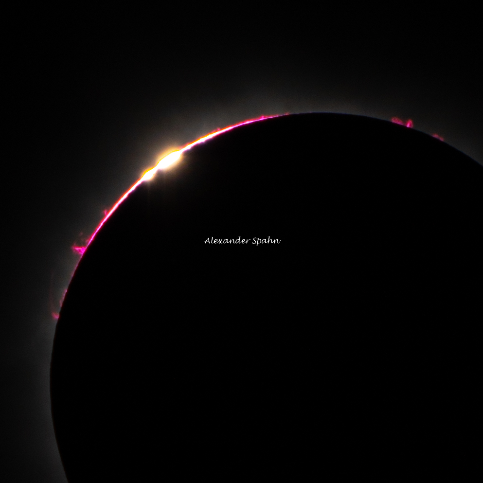 Bailey's beads at both 2nd and 4th contact with massive prominences, and a shot from maximum totality. Quick rough edits in the car. Much more to come.