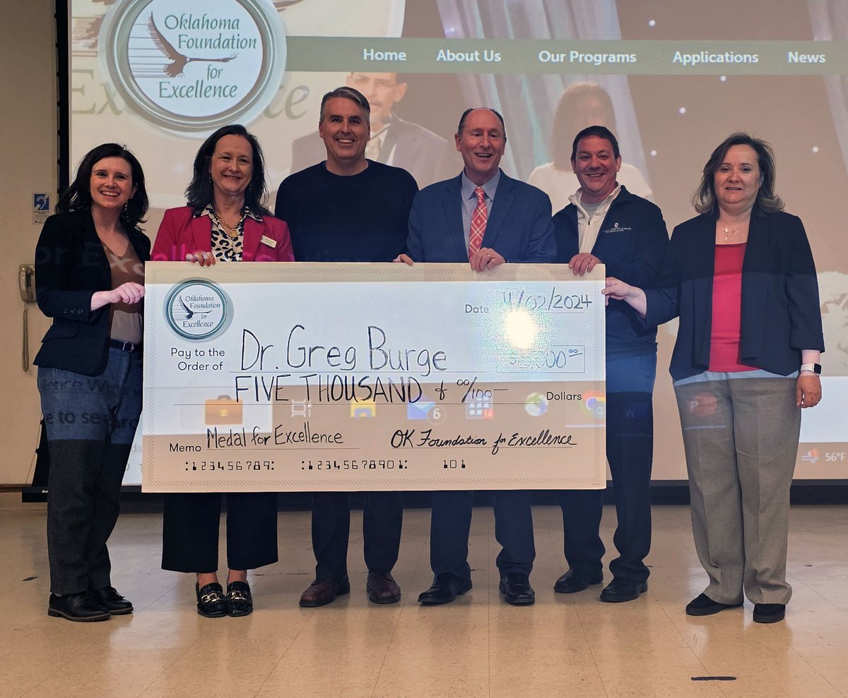 OFE visited the @uofoklahoma last week to present Dr. Greg Burge with his $5,000 prize for winning the 2024 Medal for Excellence in Research University Teaching. Learn more about the Medal for Excellence recipients at ofe.org/medal-for-exce… #ofeawards #oklaed