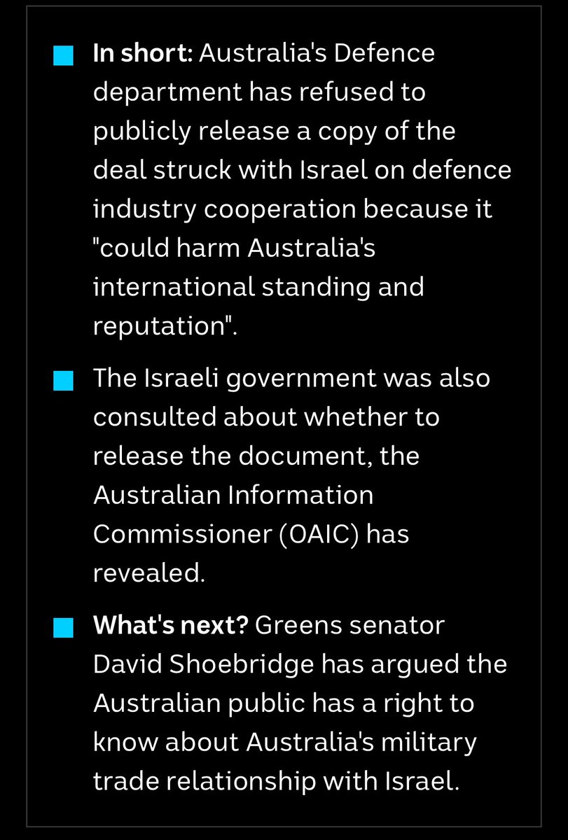 Australia has a secret defence industry cooperation deal with Israel and you’re not allowed to know what’s in it because apparently Israel has a veto on Australian FOI!? Why, and what, are they hiding?