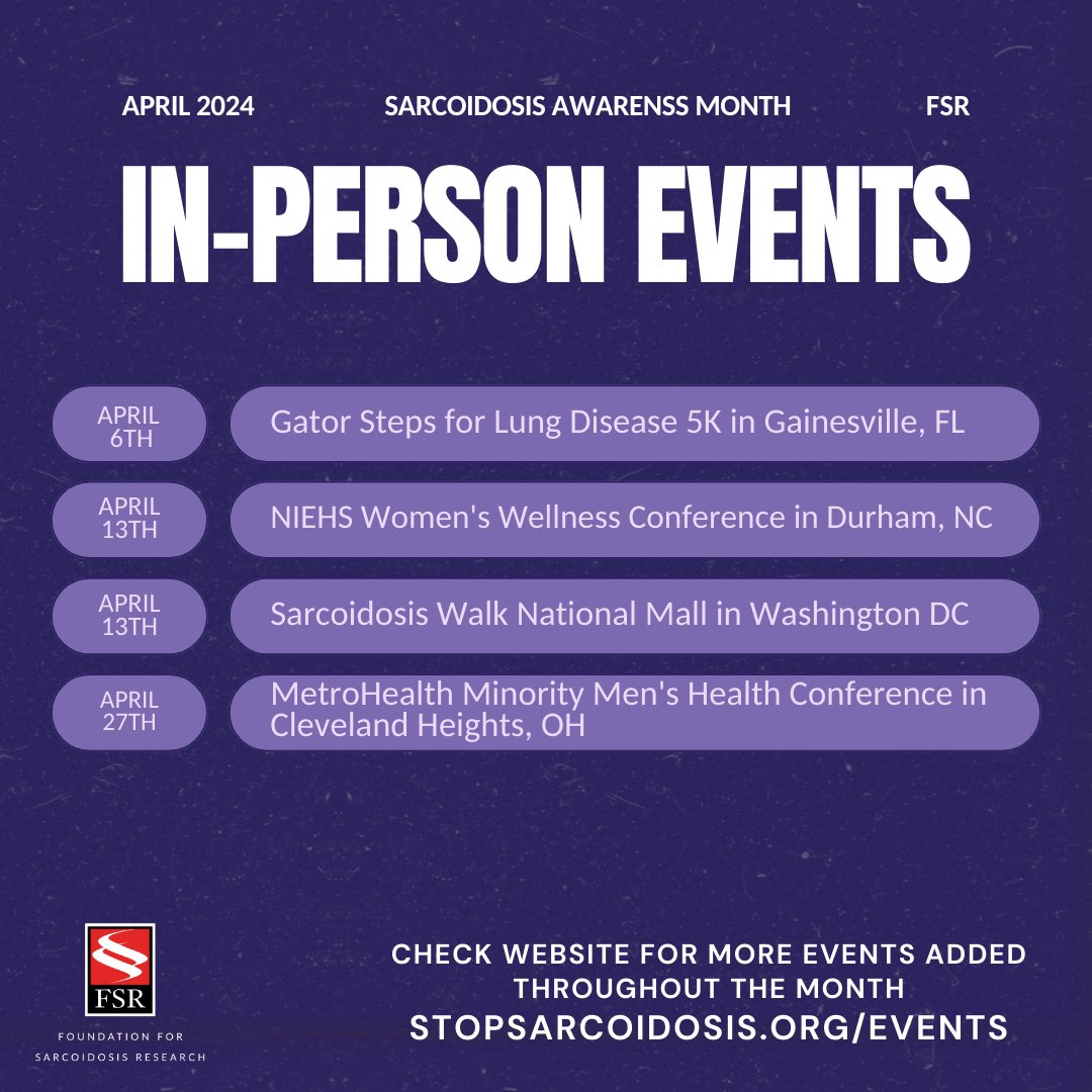StopSarcoidosis's tweet photo. 📅 Save the Dates for Sarcoidosis Awareness Month Events!
Check the website for updated events or additions: https://t.co/BhxFZkBQVw
Join us for a month filled with learning, connecting, and raising awareness of sarcoidosis! 🌟 
#SaySarcoidosis #StopSarcoidosis #PostinPurple https://t.co/FFvU4jWhgE