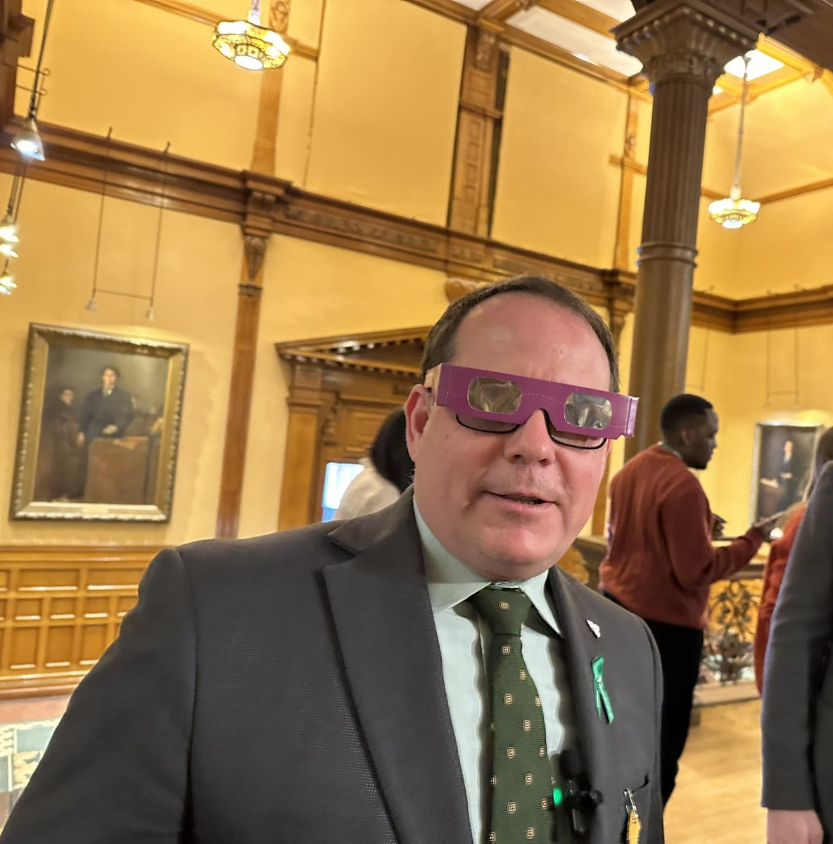 Queen’s Park politicians are ready for #Eclipse2024 Green Leader Mike Schreiner sporting his eclipse glasses that he said he got from the Guelph public library.