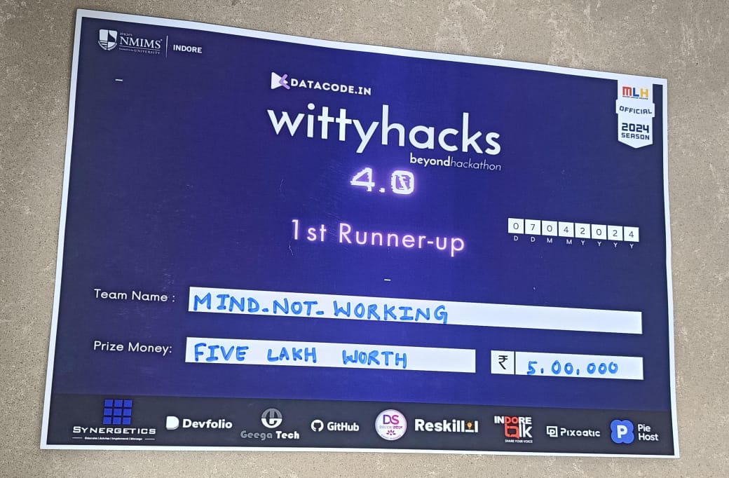 From getting shortlisted in the last hour to winning 1st Runner Up at @wittyhacks 4.0, Team MindNotWorking's journey was nothing short of a roller-coaster ride of thrill, emotions and learning. The hackathon had an air of innovation, tech and vision throughout the event.