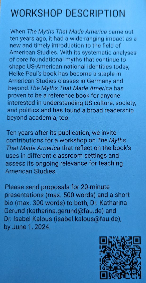 Happy 10-year anniversary to "The Myths That Made America" by @Prof_Heike_Paul 🥳 To celebrate, Dr. Katharina Gerund &amp; Dr. Isabel Kalous organise a #workshop on #teaching #myths 
 in the #classroom.
🗓️9-10 Oct 2024
📍<a href="/UniFAU/">FAU Erlangen-Nbg</a>
🥂 🥳 
#americanstudies #makeamericagreatagain