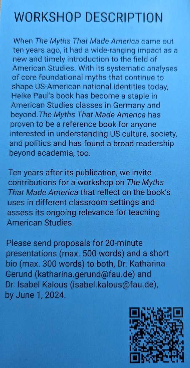 Happy 10-year anniversary to 'The Myths That Made America' by @Prof_Heike_Paul 🥳 To celebrate, Dr. Katharina Gerund & Dr. Isabel Kalous organise a #workshop on #teaching #myths 
 in the #classroom.
🗓️9-10 Oct 2024
📍@UniFAU
🥂 🥳 
#americanstudies #makeamericagreatagain